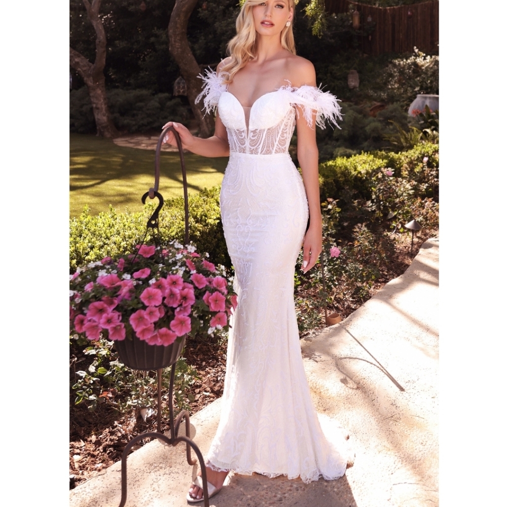 Off White Feathered Off The Shoulder Glimmering Bridal Gown J824W